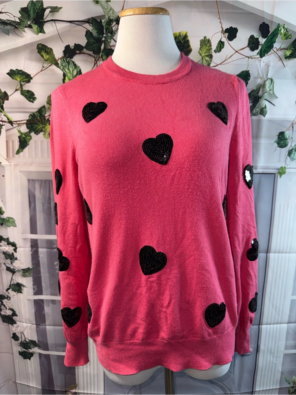 1096-Marled Hot Pink Crewneck Sweater with Black Sequin Hearts